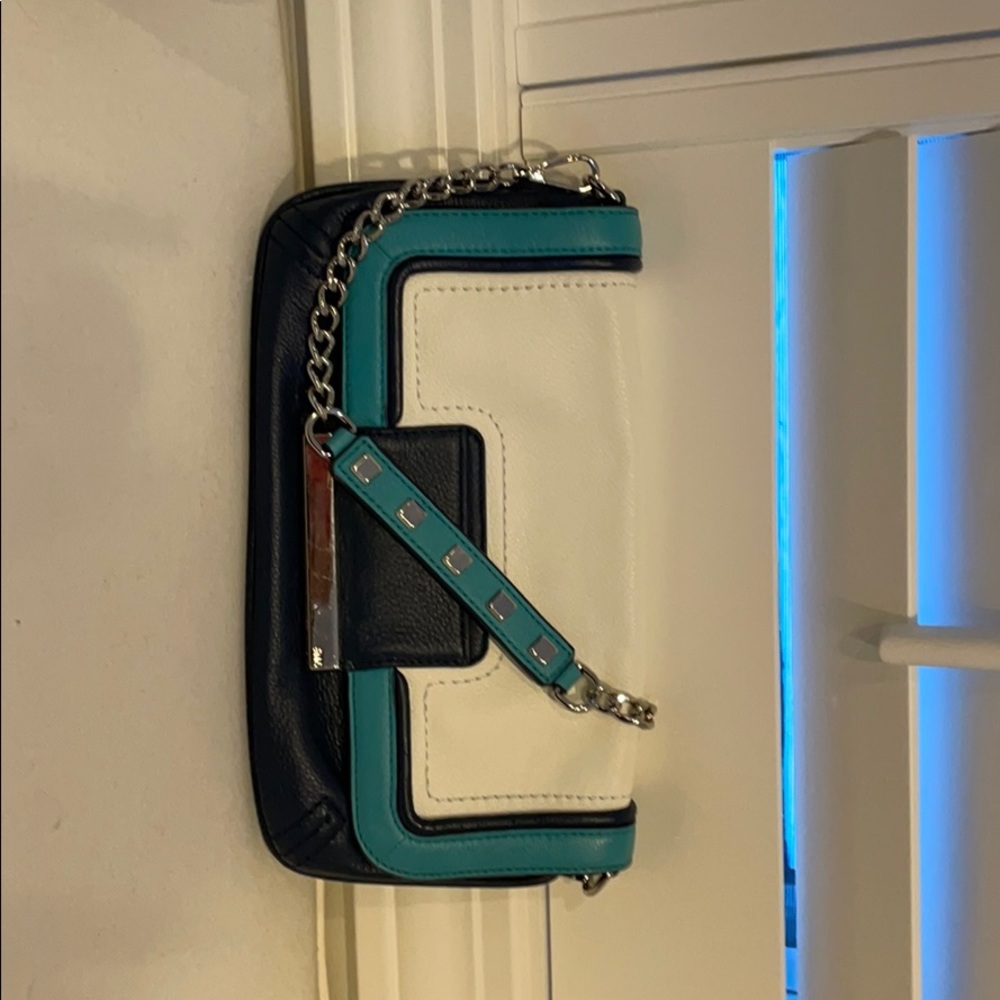 9West clutch, navy, white and turquoise.  11”x6”.